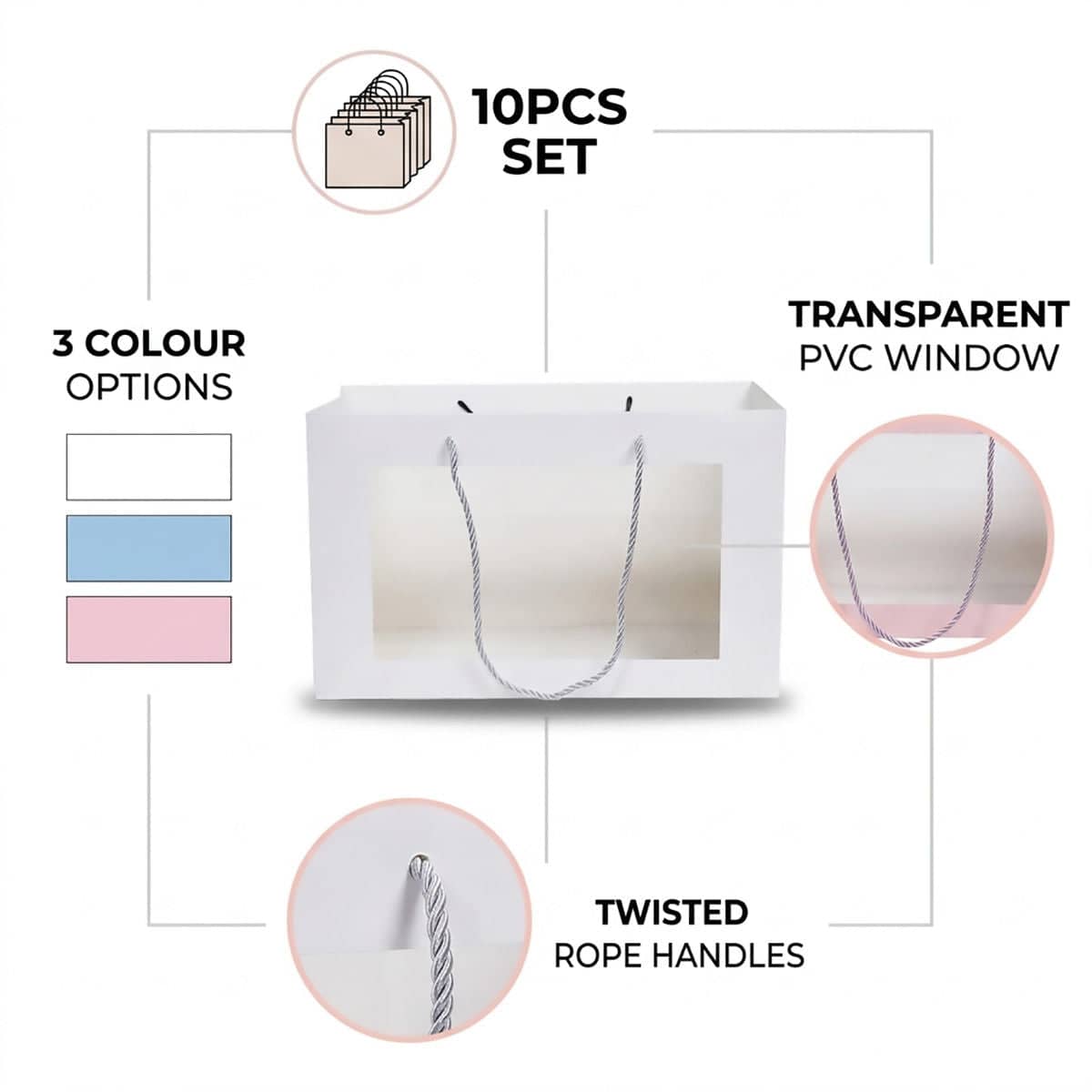 Transparent Window Gift Bags, Pack of 10 - White - view 5