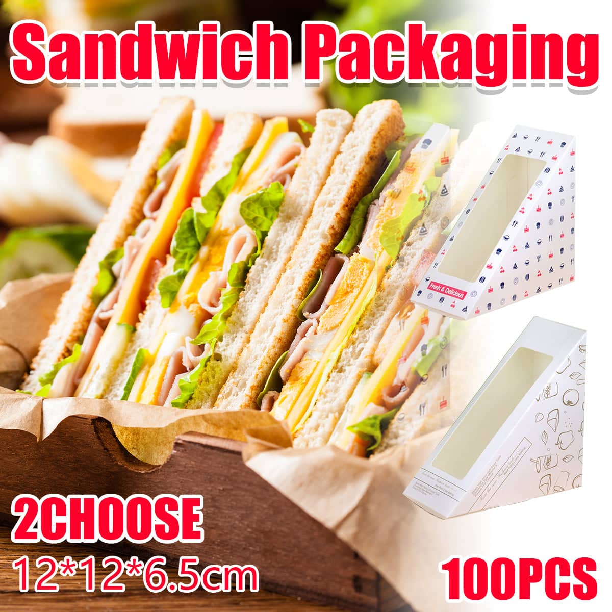 Transparent Window Sandwich Boxes Disposable Food Safe Leakproof, Pack of 100 - White Icon Print - view 2