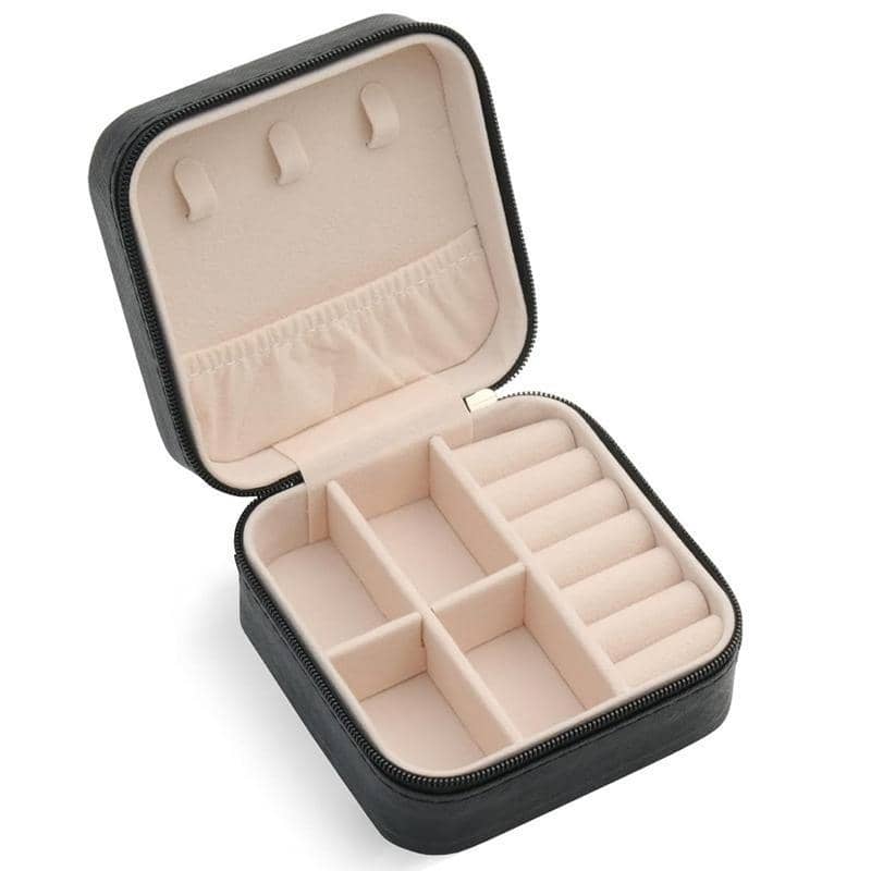 Travel Jewellery Organiser Box, PU Leather - Black, 10 x 10 x 5cm