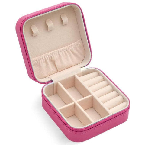 Travel Jewellery Organiser Box, PU Leather - Magenta, 10 x 10 x 5cm