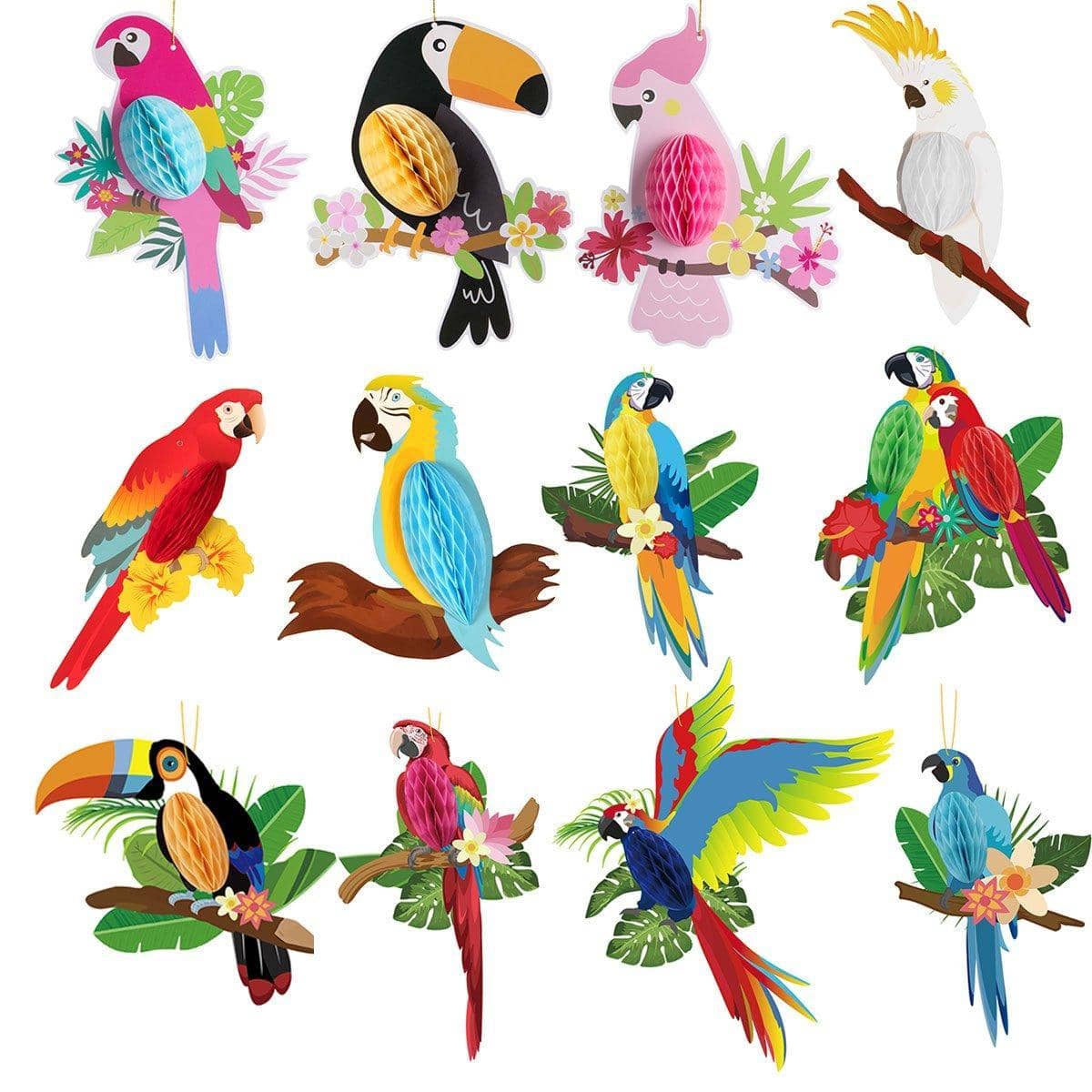 Tropical Parrot Hanging Party Decorations - Pack of 12