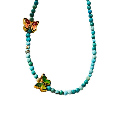 Turquoise Beaded Butterfly Necklace for Women - Red and Green Butterfly Charms