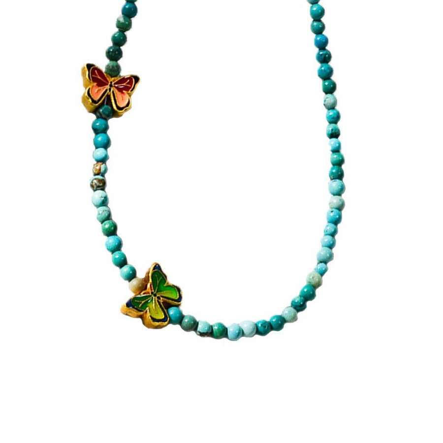 Turquoise Beaded Butterfly Necklace for Women - Red and Green Butterfly Charms