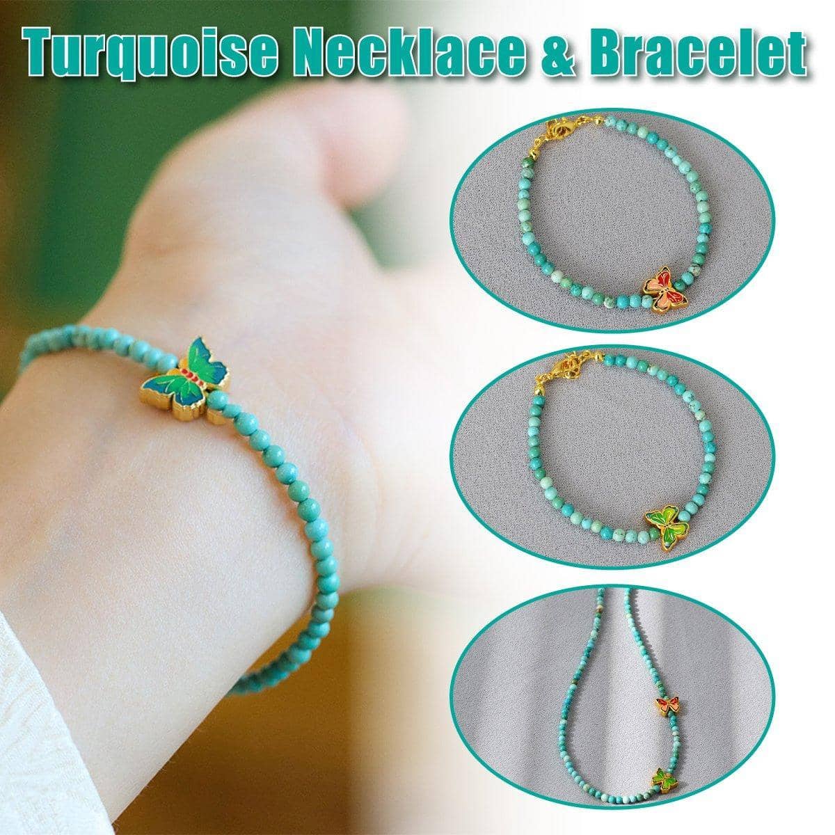 Turquoise Beaded Butterfly Necklace for Women - Red and Green Butterfly Charms - view 2