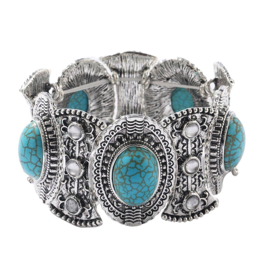 Turquoise Stone Cuff Bracelet - Wide Silver-Tone Band, Oval Stones