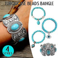 Turquoise Stone Cuff Bracelet - Wide Silver-Tone Band, Oval Stones - view 2