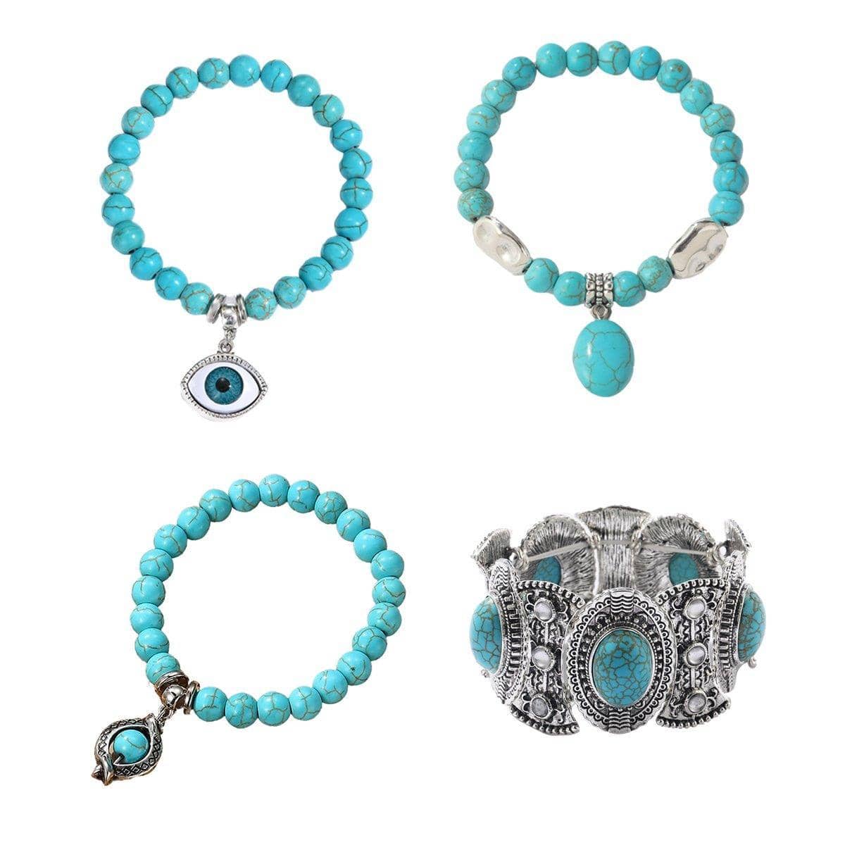 Turquoise Stone Cuff Bracelet - Wide Silver-Tone Band, Oval Stones - view 3