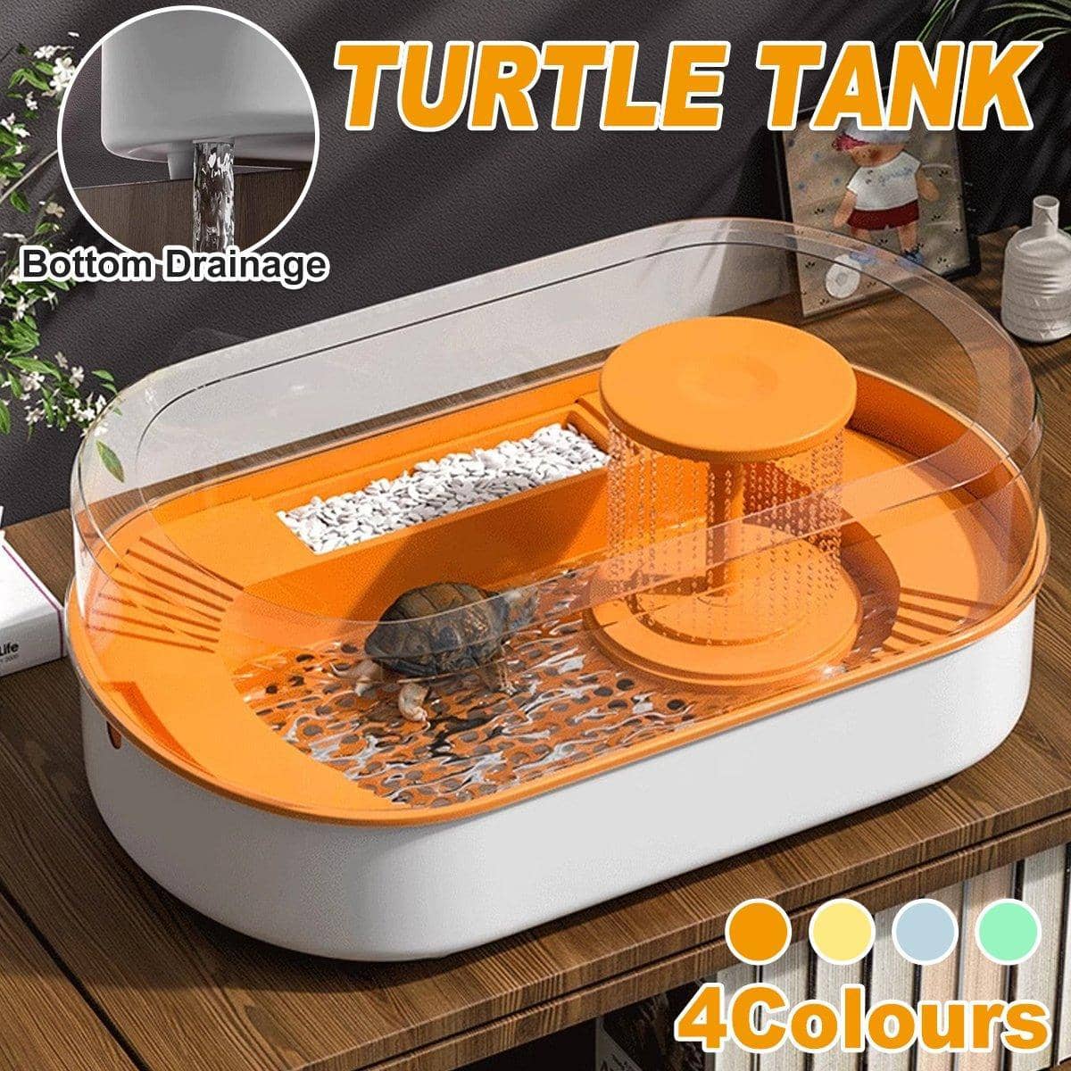 Turtle Feeding Tank with Bottom Drainage and Clear Cover - Yellow - view 2