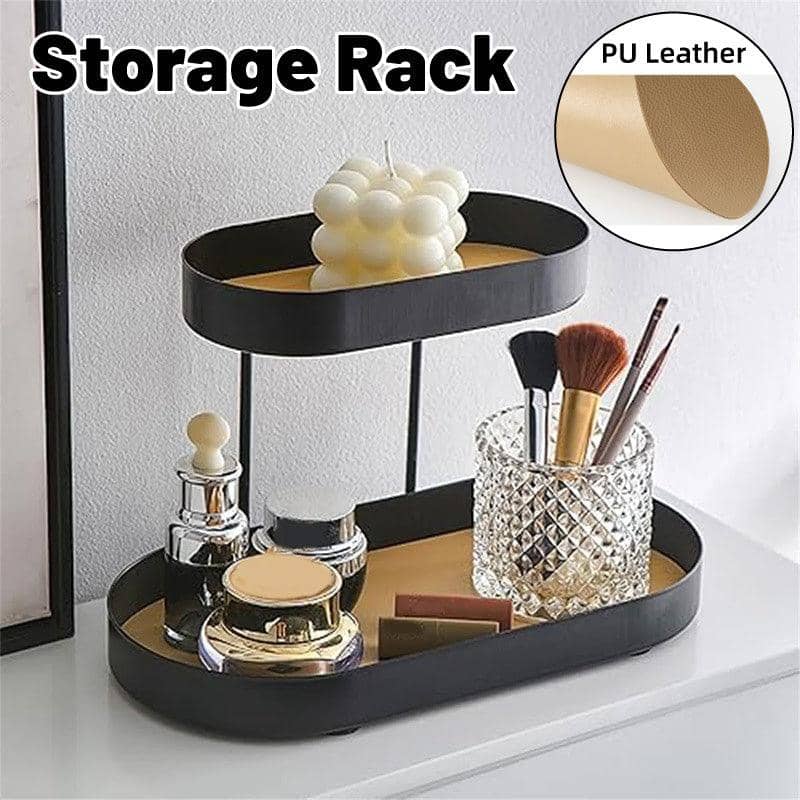 Two-Tier Fruit Tray with Faux Leather Surface, Black and Gold