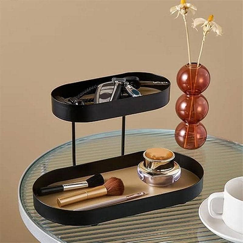 Two-Tier Fruit Tray with Faux Leather Surface, Black and Gold - view 4