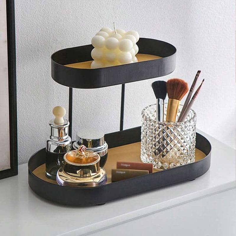 Two-Tier Fruit Tray with Faux Leather Surface, Black and Gold - view 5