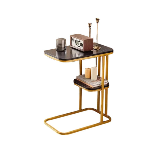 Two-Tier Side Table with Marble-Patterned Surface - Black