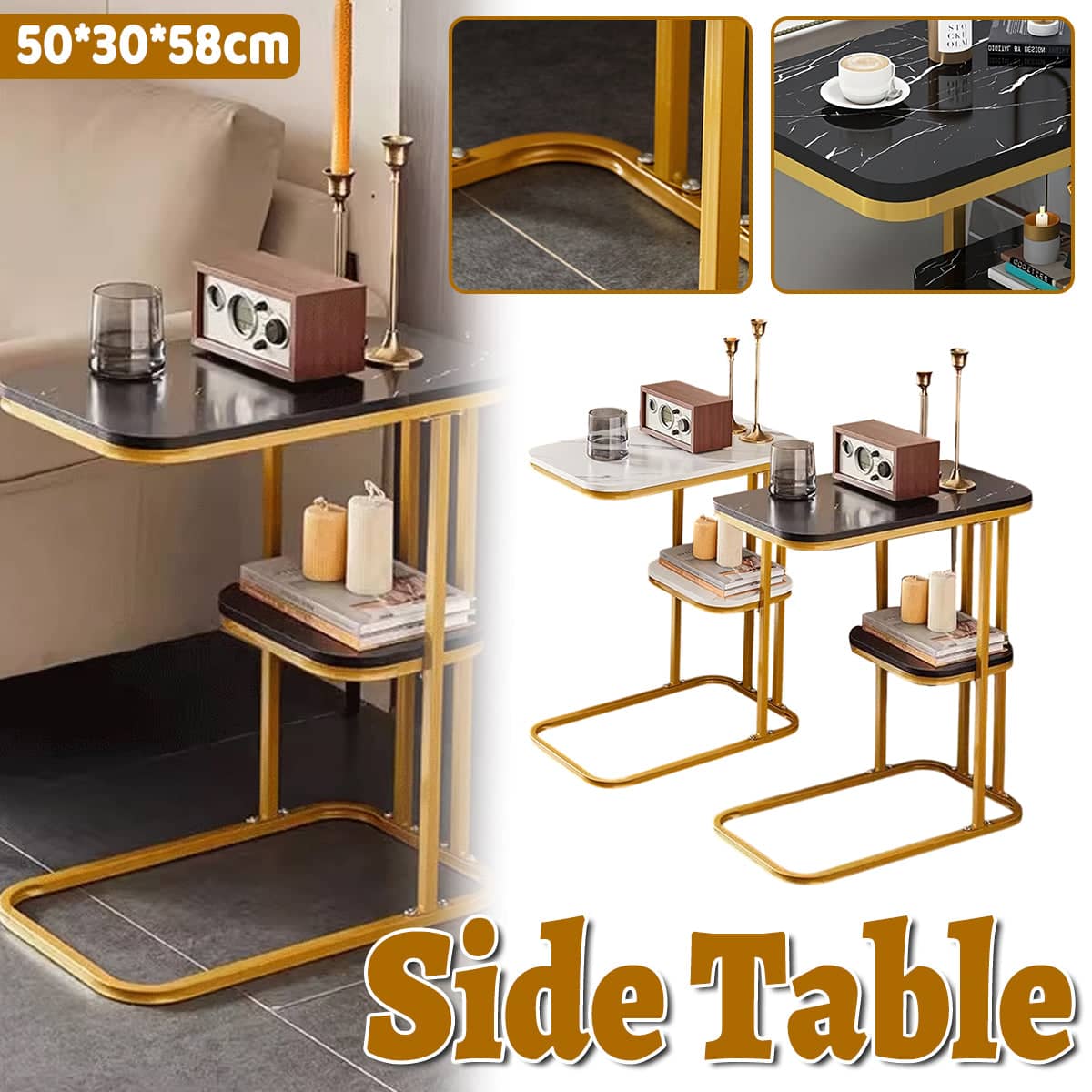 Two-Tier Side Table with Marble-Patterned Surface - Black - view 2