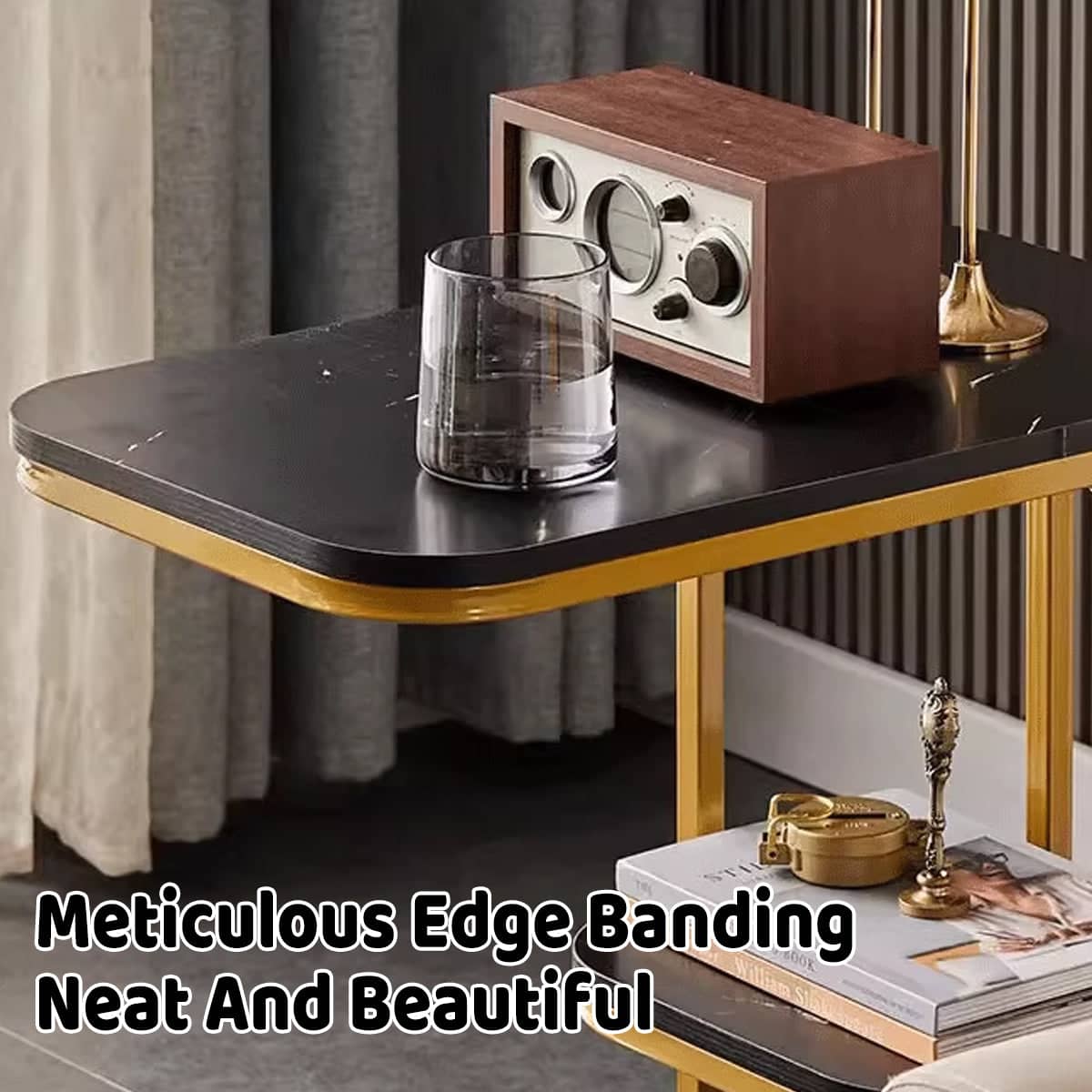 Two-Tier Side Table with Marble-Patterned Surface - White - view 5