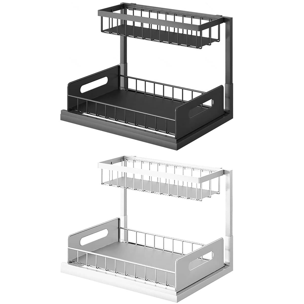 Two-Tier Under Sink Storage Rack Kitchen Cabinet Organiser with Sliding Basket - White - view 3
