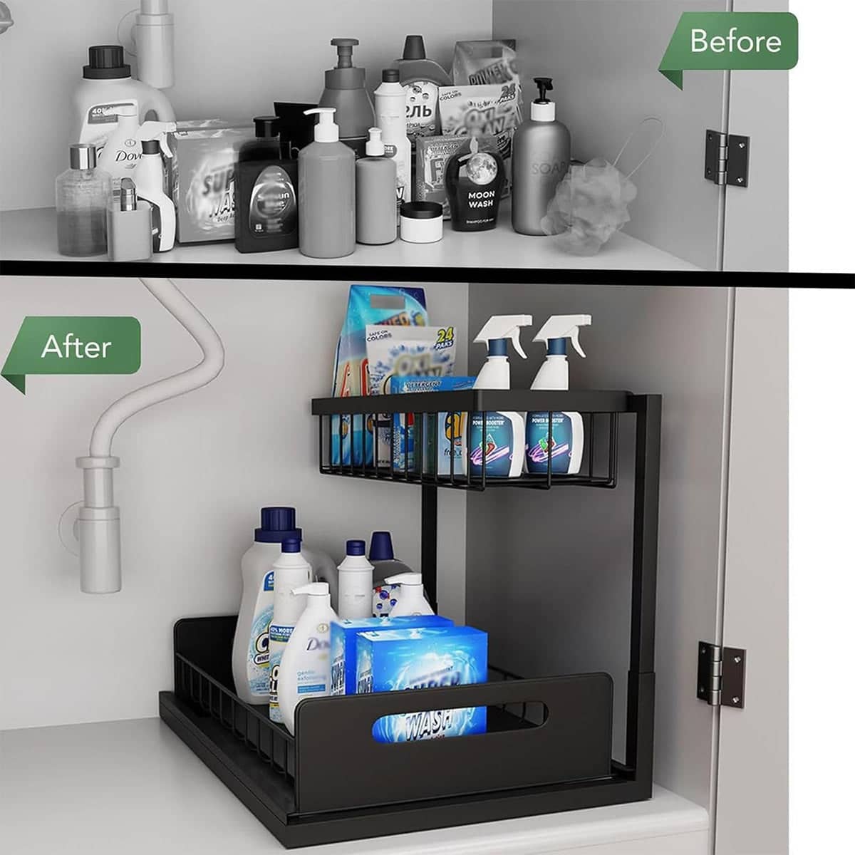 Two-Tier Under Sink Storage Rack Kitchen Cabinet Organiser with Sliding Basket - White - view 5