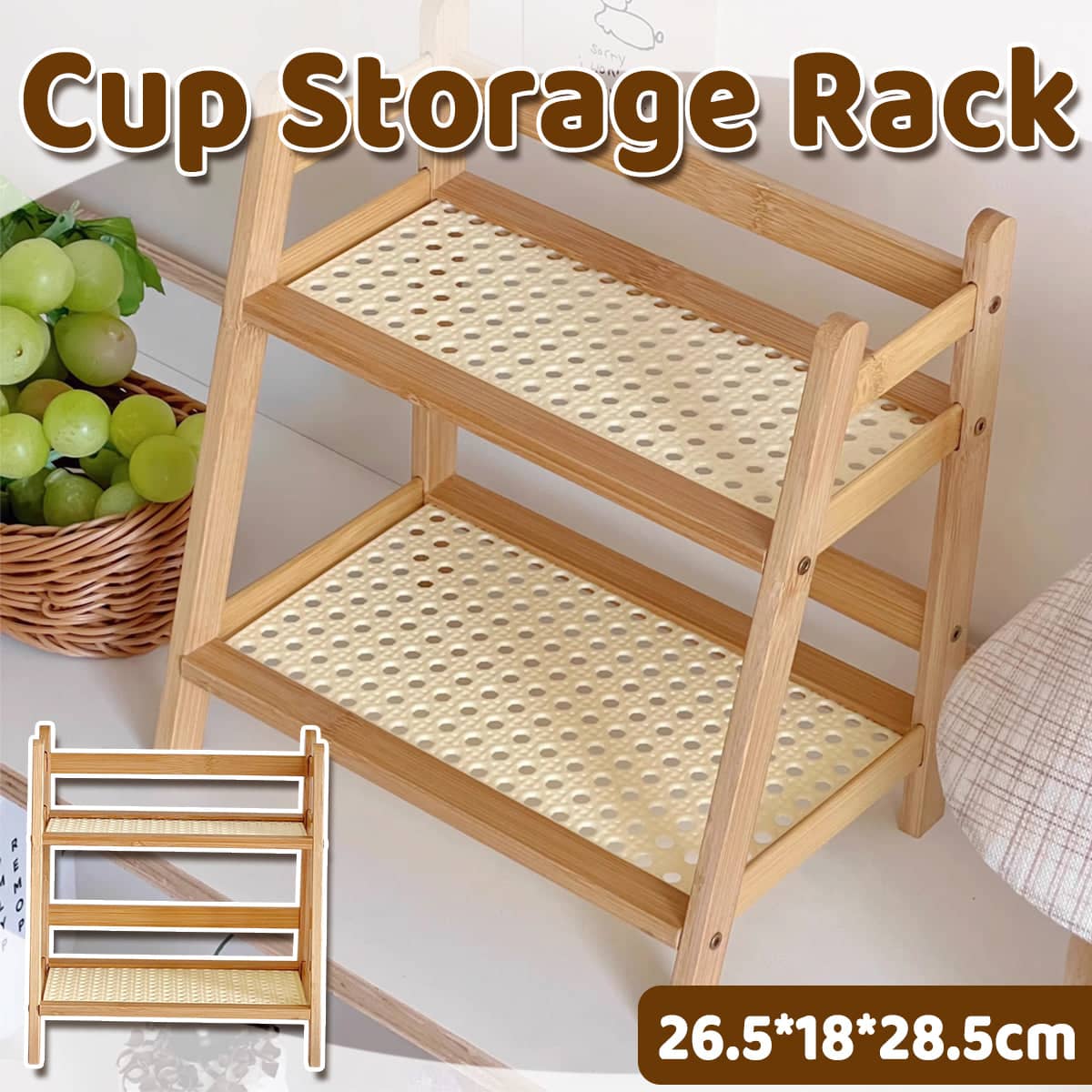 Two Tier Wooden Cup and Flower Pot Storage Rack for Kitchen and Living Room