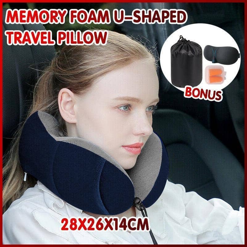 U-Shaped Memory Foam Travel Neck Pillow with Sleep Mask and Earplugs - Navy Blue