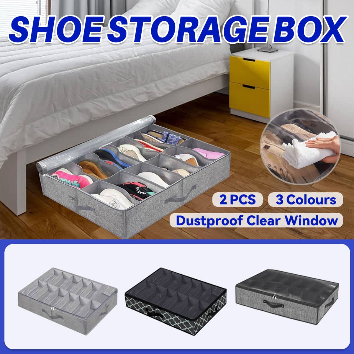 Under Bed Shoe Storage Boxes with Zipper Covers, Set of 2 - Grey - view 2