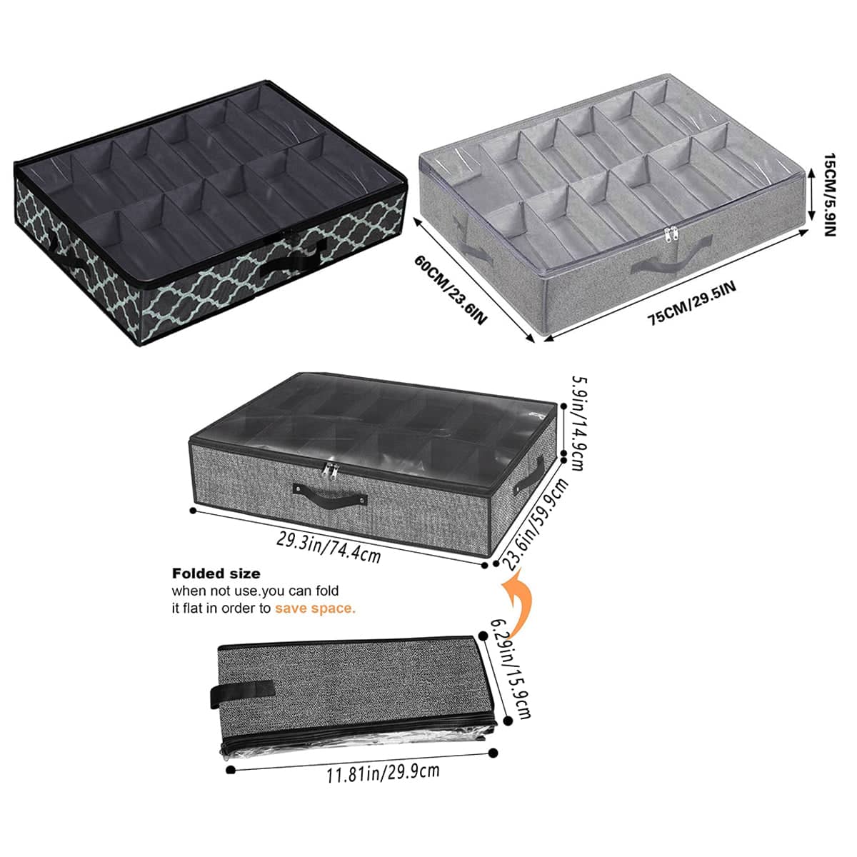 Under Bed Shoe Storage Boxes with Zipper Covers, Set of 2 - Grey - view 4