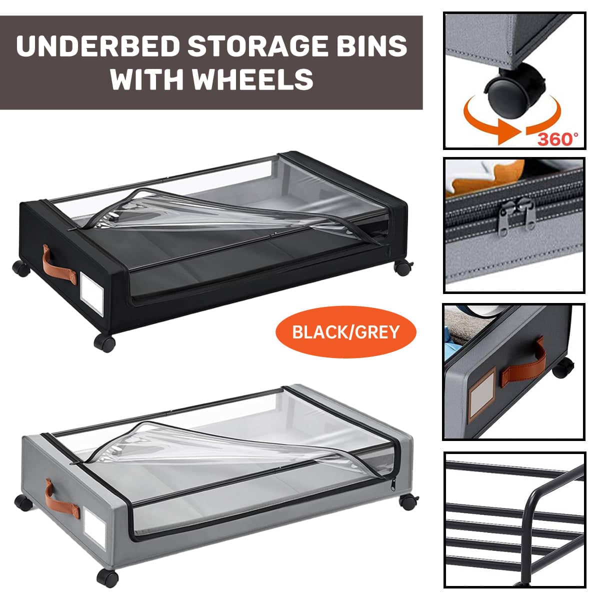 Under Bed Storage Bin with Wheels and Clear Lid - Black - view 2