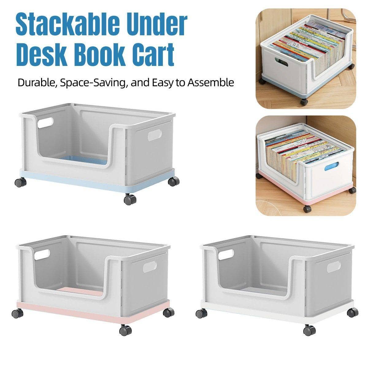 Under Desk Book Storage Box with Wheels - Pink - view 2