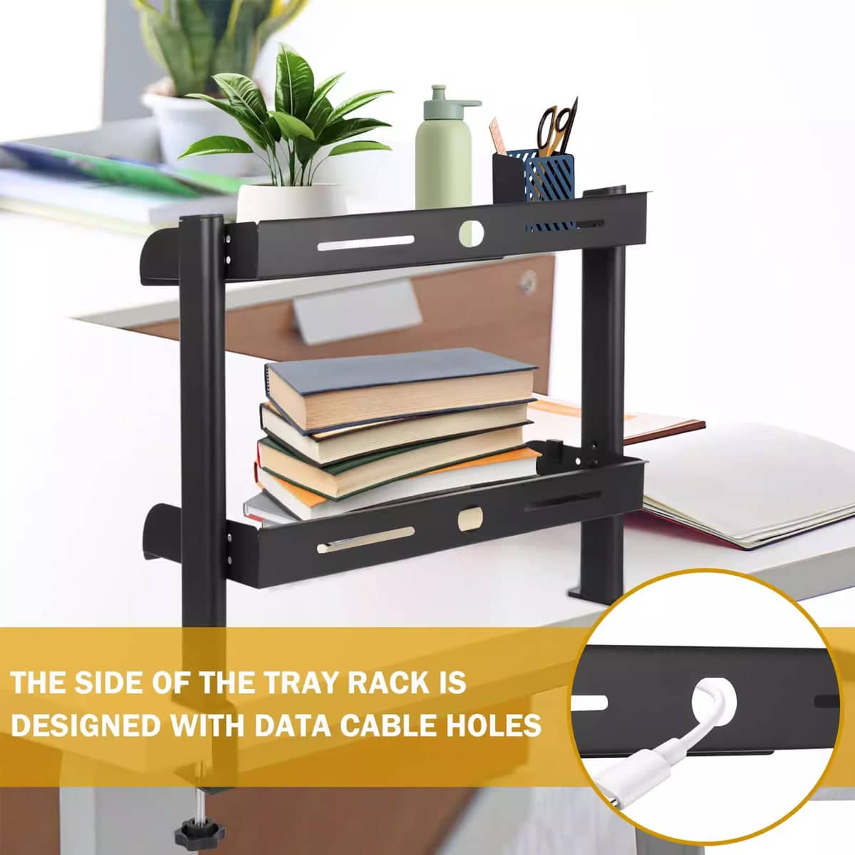 Under Desk Double Layer Storage Shelf Rack Organiser, Black - view 4