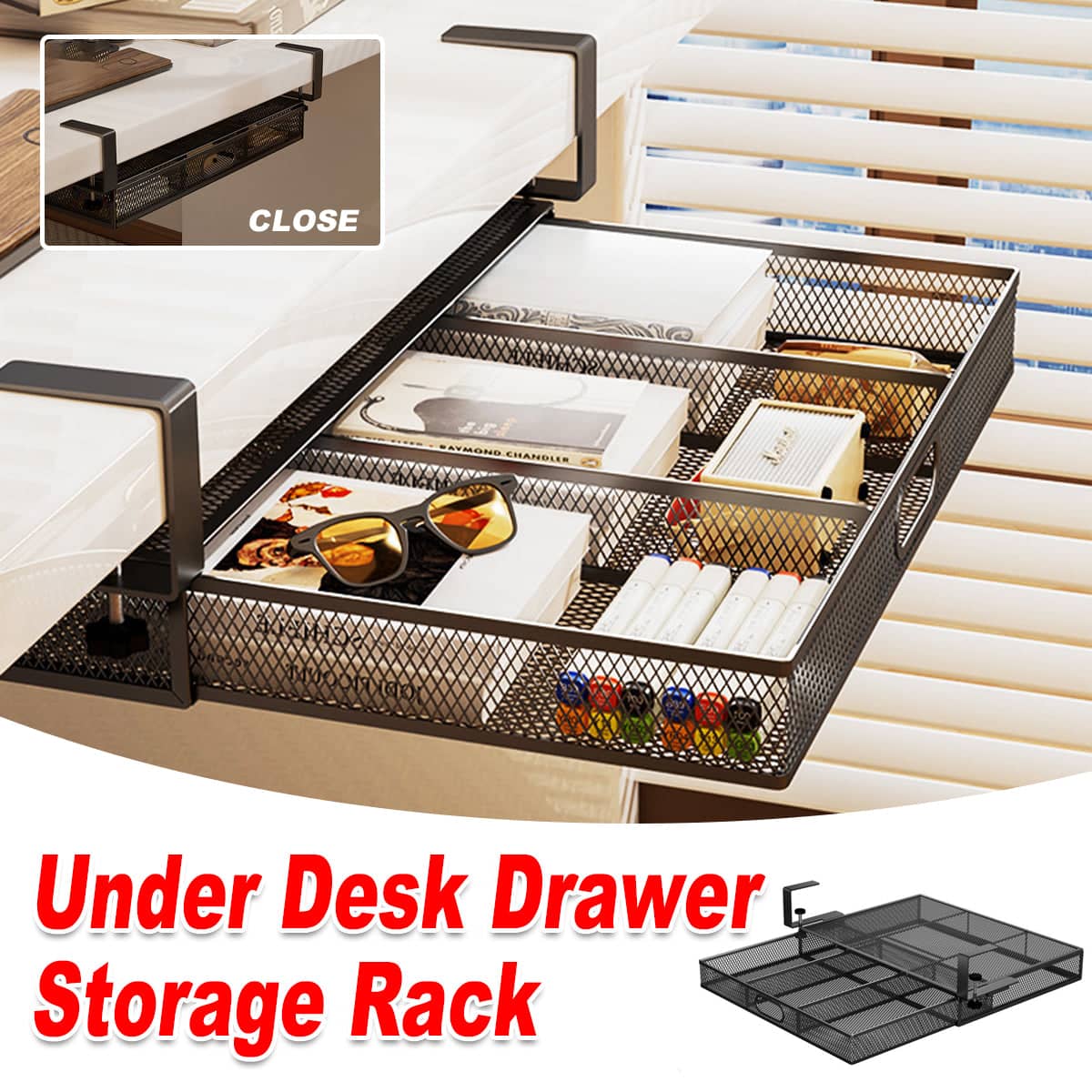 Under Desk Drawer Storage Rack Hanging Organiser Space Saving Carbon Steel, Black