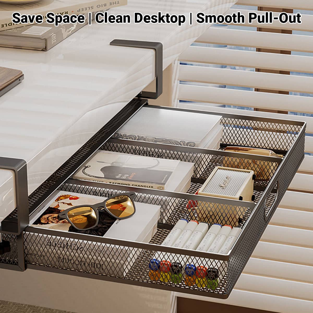 Under Desk Drawer Storage Rack Hanging Organiser Space Saving Carbon Steel, Black - view 4