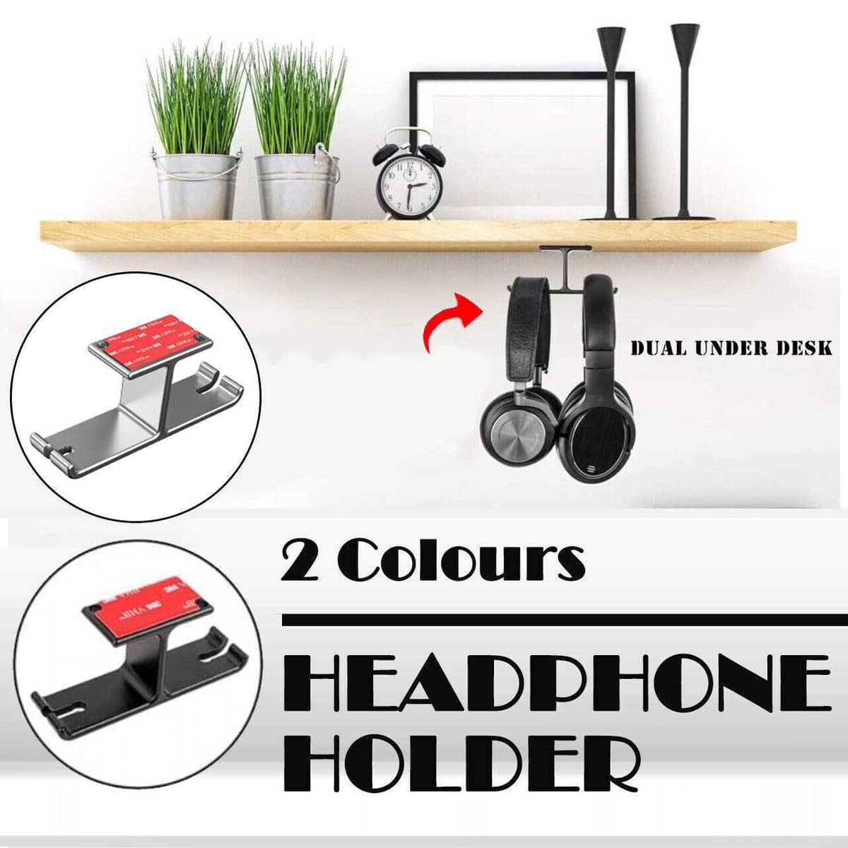 Under Desk Dual Headphone Hanger with Cable Holder - Black - view 2