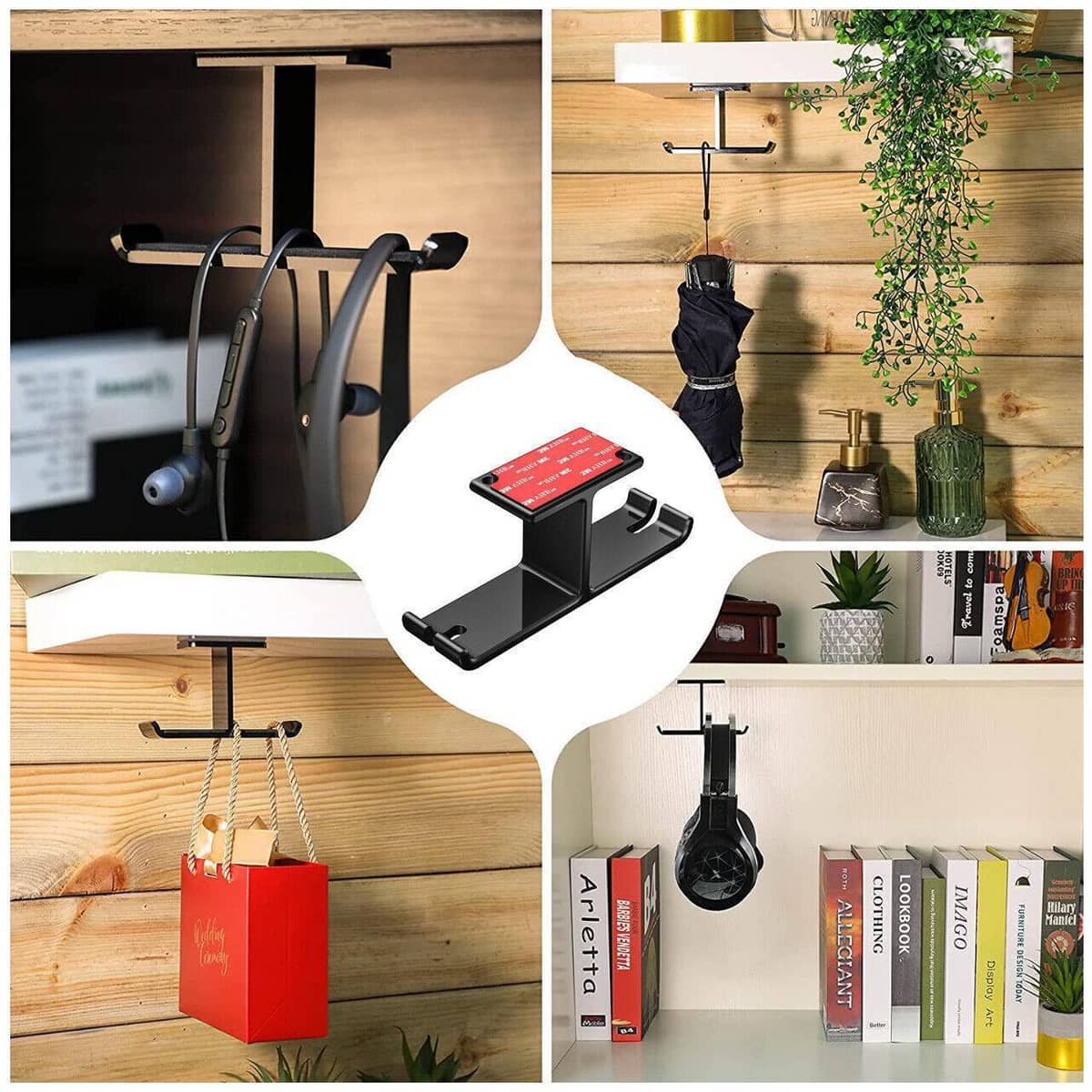 Under Desk Dual Headphone Hanger with Cable Holder - Black - view 5