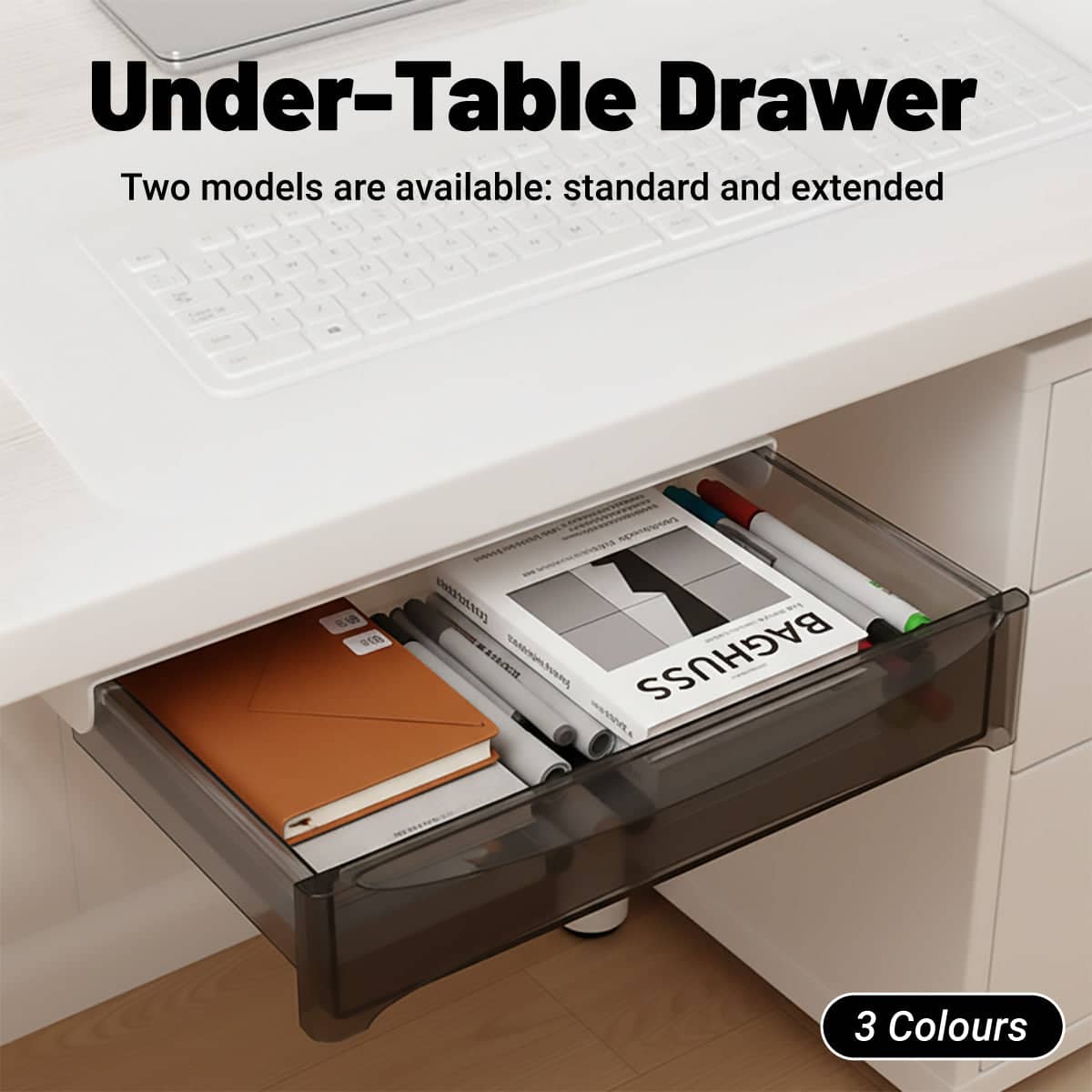 Under Desk Hidden Drawer Storage Tray for Home Office - White - view 2