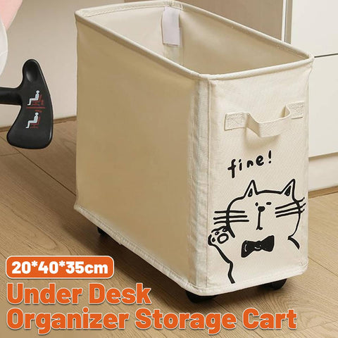 Under Desk Storage Basket on Wheels Rolling Storage Trolley Beige with Black Cat Print