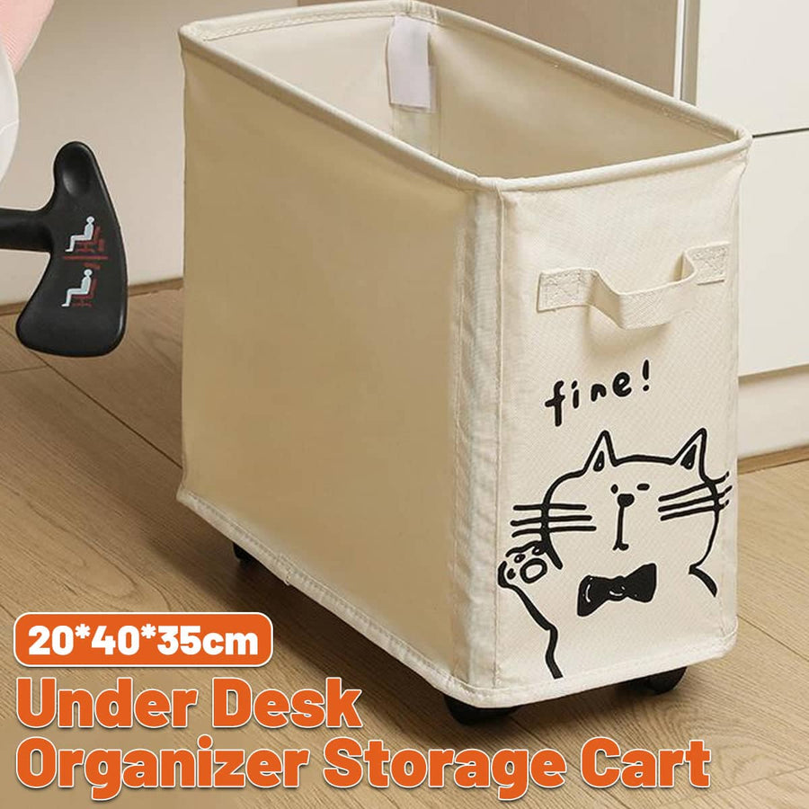 Under Desk Storage Basket on Wheels Rolling Storage Trolley Beige with Black Cat Print
