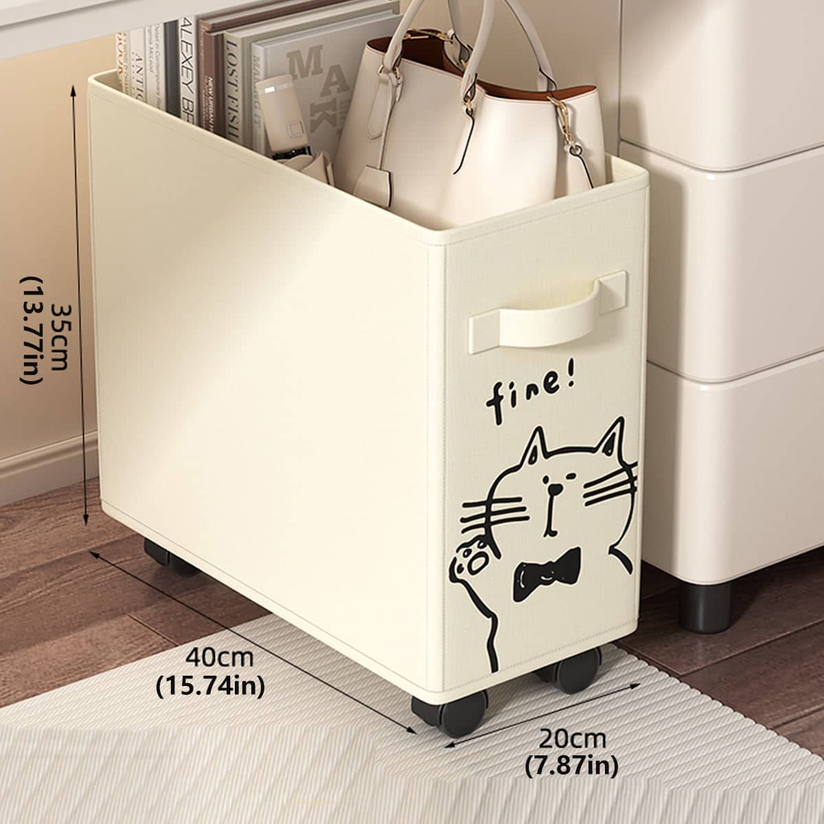 Under Desk Storage Basket on Wheels Rolling Storage Trolley Beige with Black Cat Print - view 3