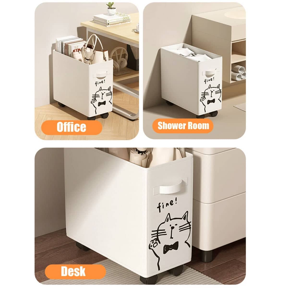 Under Desk Storage Basket on Wheels Rolling Storage Trolley Beige with Black Cat Print - view 5