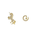 Unicorn and Moon Stud Earrings for Women - Gold-Tone Mismatched Pair