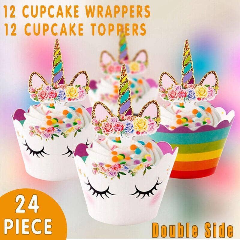Unicorn Birthday Cupcake Toppers and Wrappers, Pack of 24