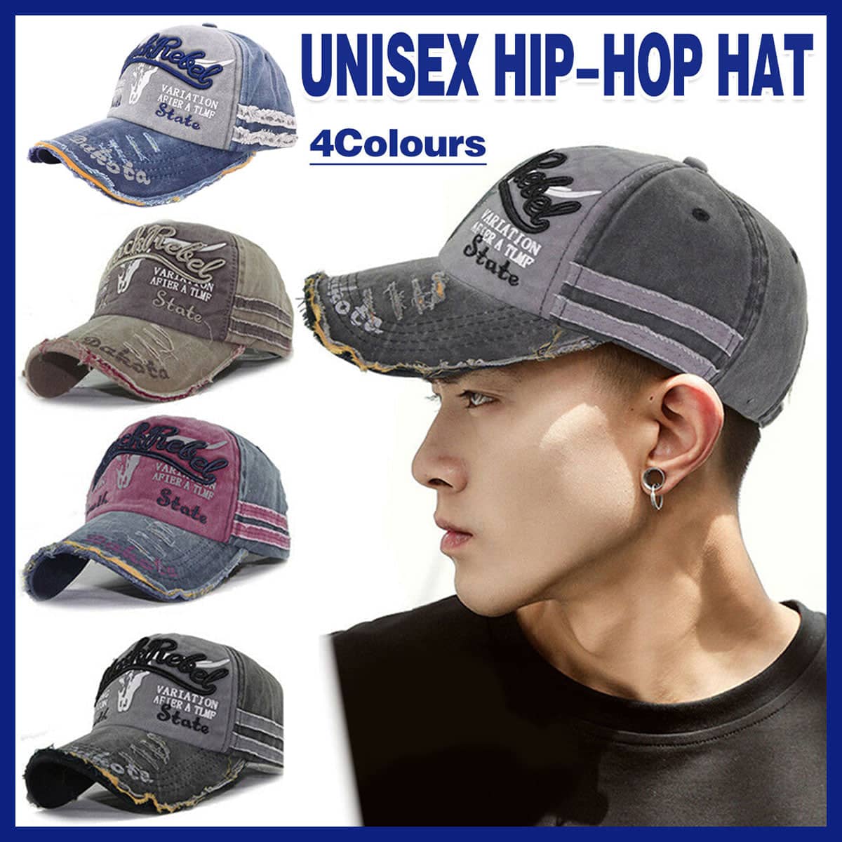 Unisex Distressed Cotton Baseball Cap with Adjustable Strap - Red and Blue - view 2