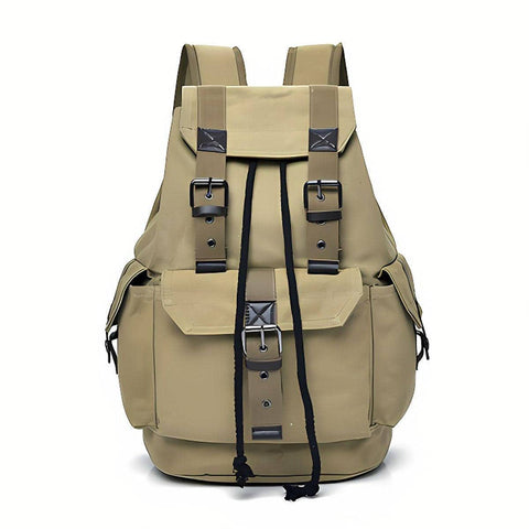 Unisex Retro Canvas Rucksack Large Capacity Travel Bag Leisure Backpack - Khaki