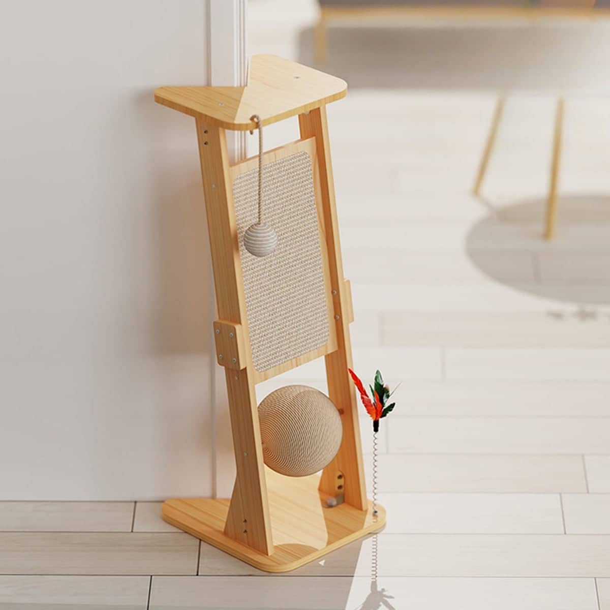 Upright Sisal Cat Scratching Post with Hanging Ball, Scratch Board and Feather Toy - view 5