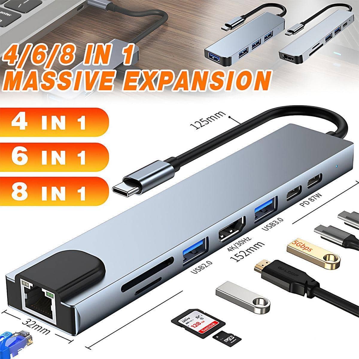 USB-C Hub Adapter, 8-In-1 - Silver Grey - view 2