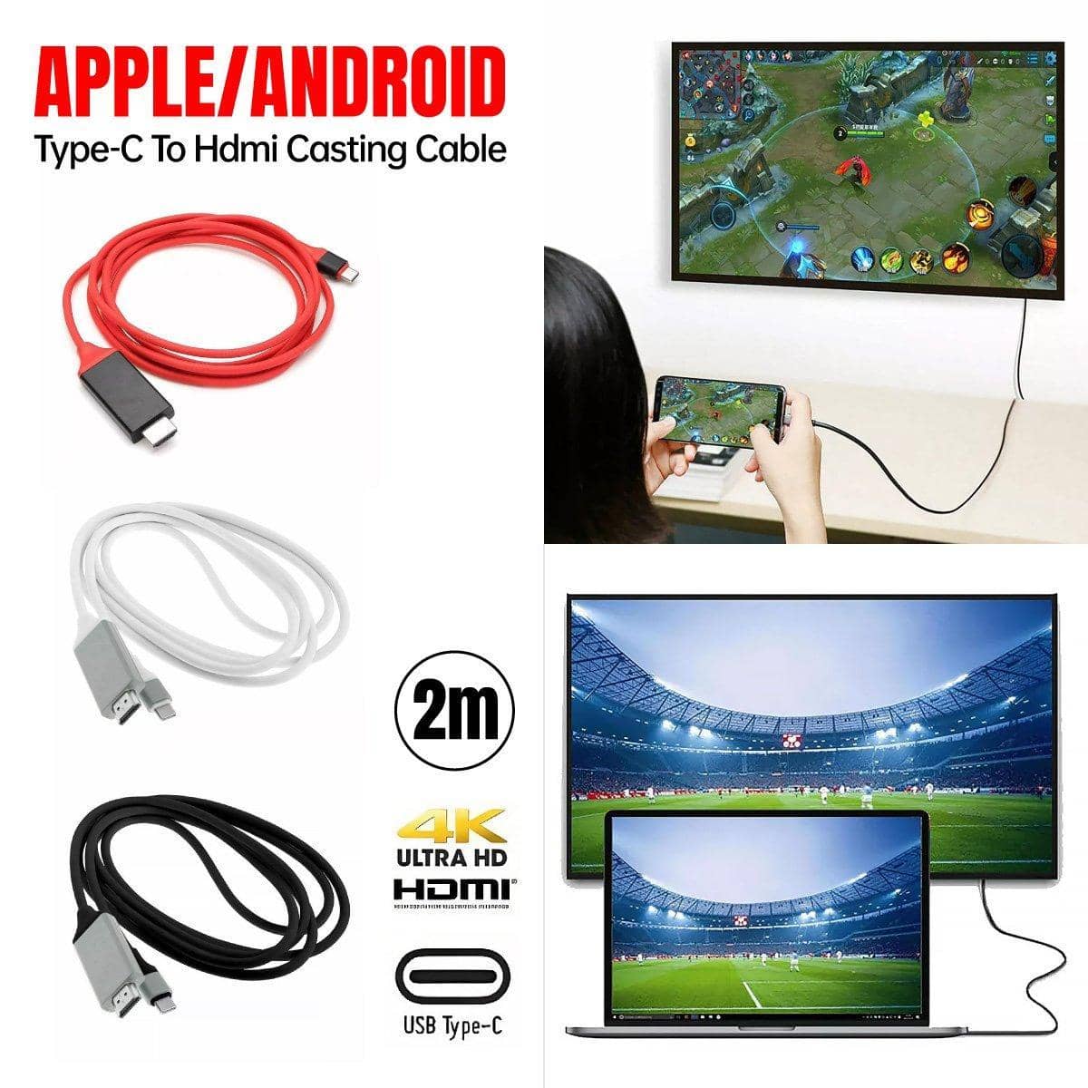 USB-C to HDMI Cable for Android Phones and Tablets, 2 m - White - view 2
