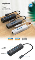 Simplecom CHN421 Aluminium USB-C to 3 Port USB HUB with Gigabit Ethernet Adapter Black - SuperSaverAU - view 4