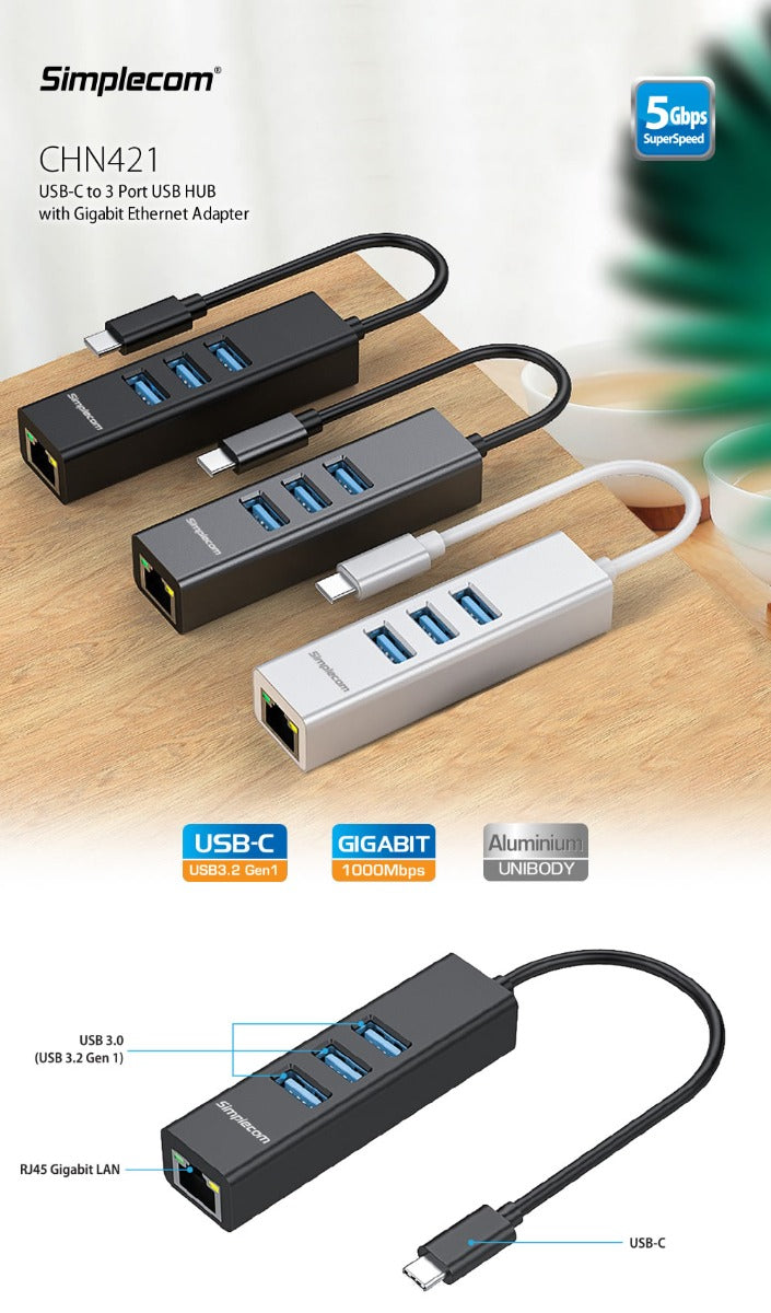 Simplecom CHN421 Aluminium USB-C to 3 Port USB HUB with Gigabit Ethernet Adapter Black - SuperSaverAU - view 4