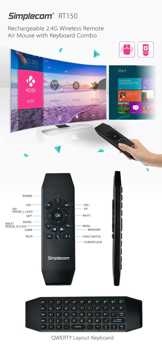 Simplecom RT150 Wireless Air Mouse Keyboard with IR Learning