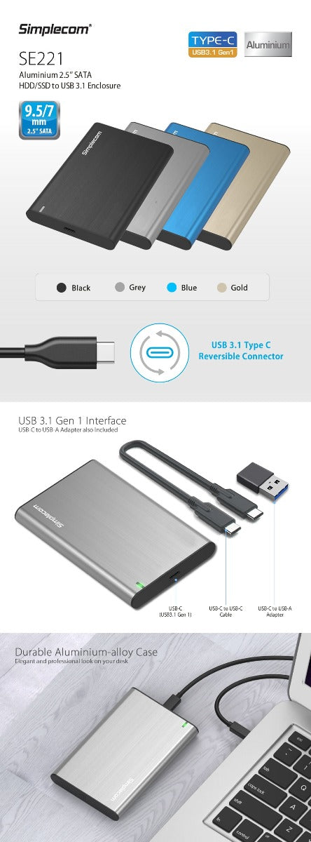 Simplecom SE221 Aluminium 2.5'' SATA HDD/SSD to USB 3.1 Enclosure Black - SuperSaverAU - view 2