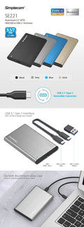 Simplecom SE221 Aluminium 2.5'' SATA HDD/SSD to USB 3.1 Enclosure Blue - SuperSaverAU - view 2