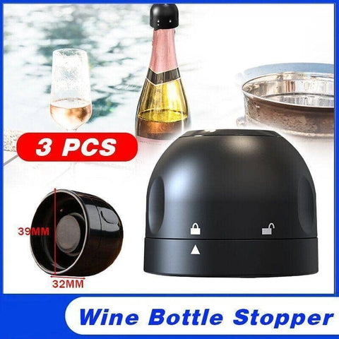Vacuum Champagne and Wine Bottle Stopper, Pack of 3, Black