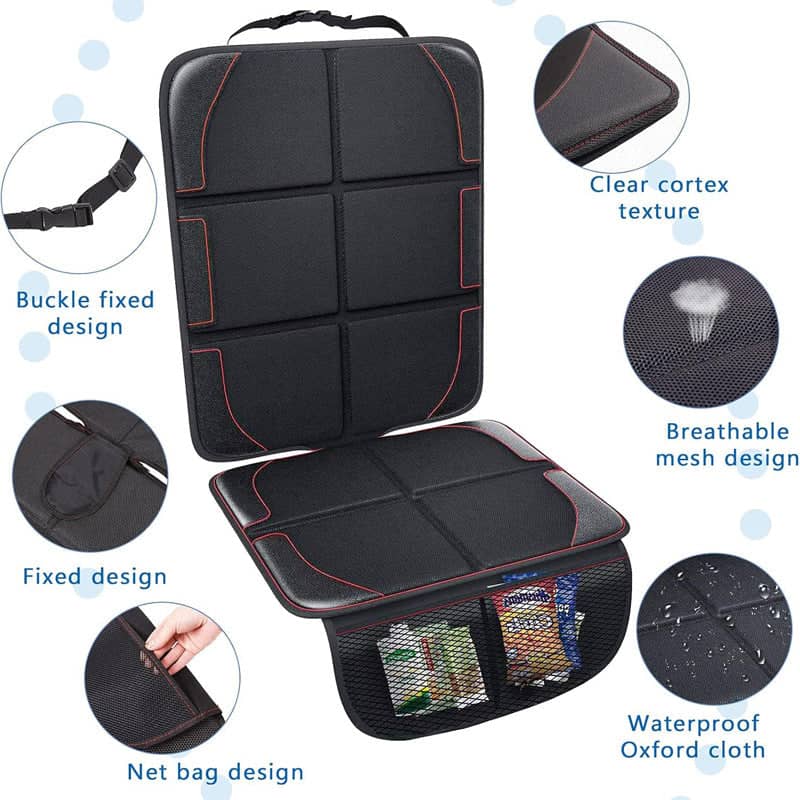 Vehicle Seat Protector Mat with Mesh Storage Pockets - Black with Red Stitching - view 5